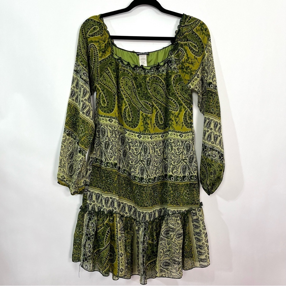 Wet Seal Green Paisley Print Layered Dress Ruffle hem Sz Medium